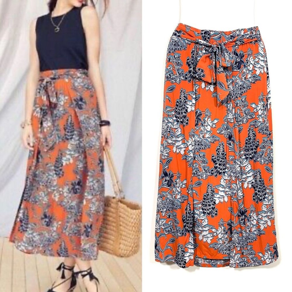 Maxi Skirt Tie Front Slit Side Floral Multicolor